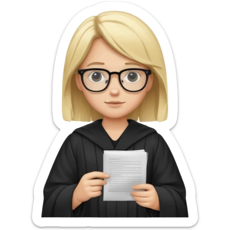 Young judge, blonde hair with glasses and robe, hold a paper sticker