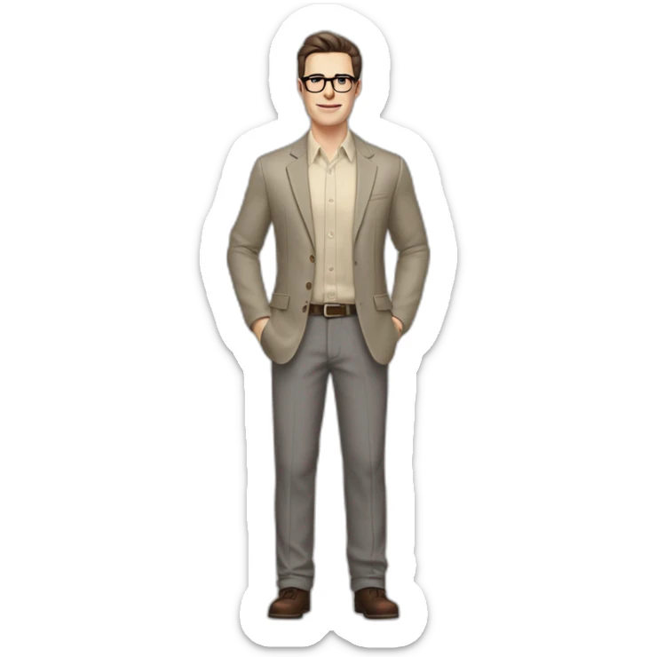 Full height Pale skinned Fit Man With dark brown hair in gray classic jacket, beige office shirt, Brown pants and vintage glasses. Thrumbs of his palms upwards sticker