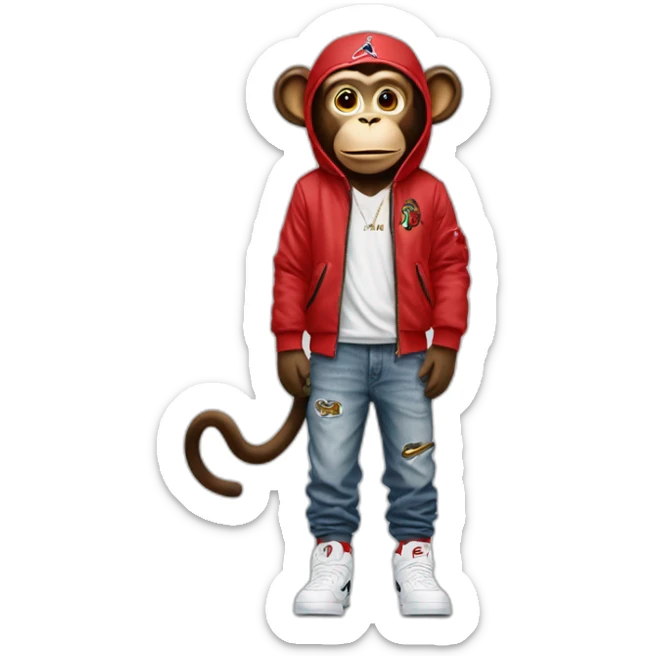 Monkey wearing Jordan 4 on its  feet with a bunch of Nike clothes sticker