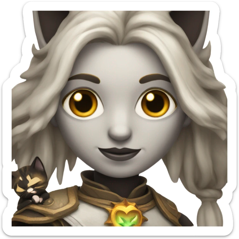 A sun warlock who is pale with brown hair and is holding a black kitten sticker