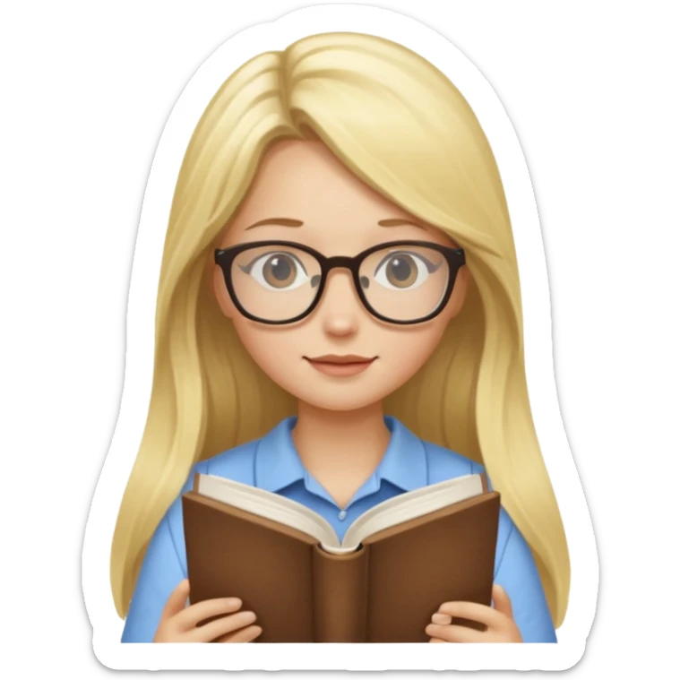 long hair blonde girl with glasses reading sticker