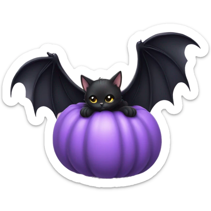 Cute black cat with bat wings sitting on a pumpkin holding a pastel Purple Heart sticker