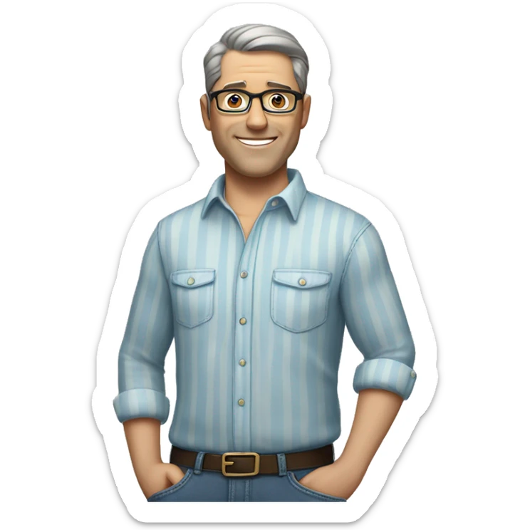A middle-aged man with short dark hair and glasses, wearing a light blue striped shirt and jeans, standing casually with one hand in his pocket, smiling gently against a plain, neutral background. sticker