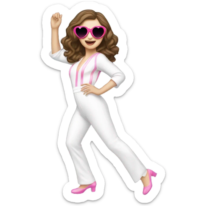 Studio 54 brunette white girl dancing wearing a white jumpsuit wearing pink heart shaped sunglasses  sticker