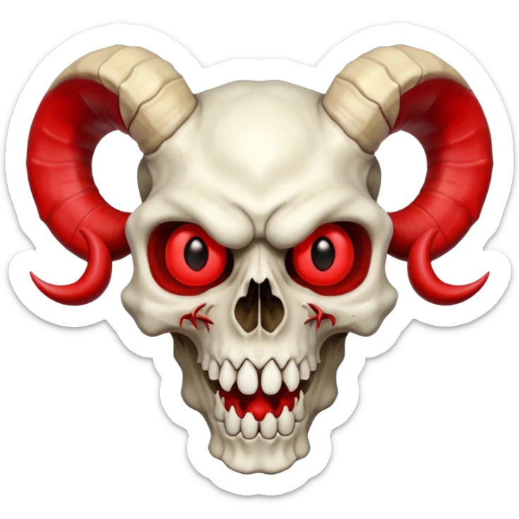 ram-horned skull with red eyes and a wide, exaggerated mouth, cartoonish, bold, expressive, fully inside image borders sticker