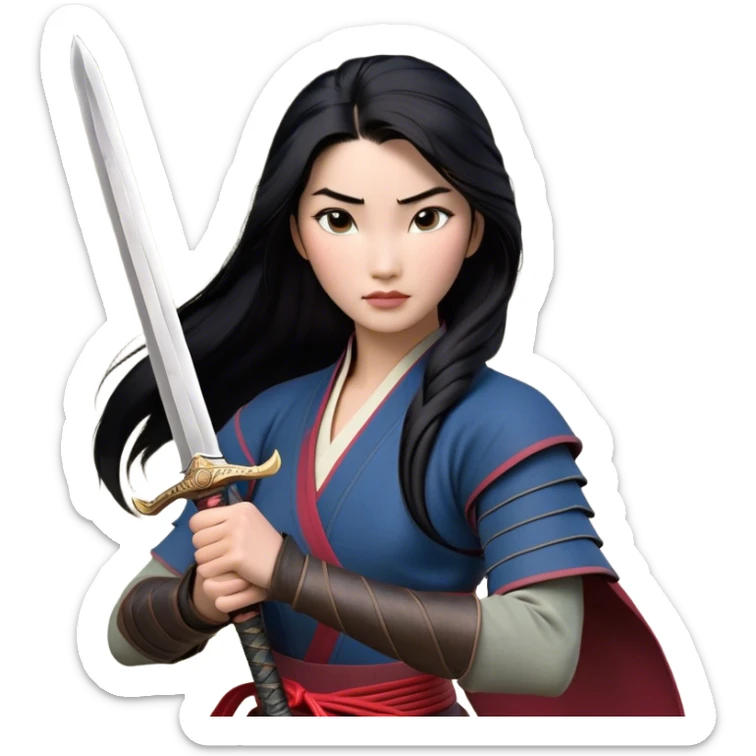 Cinematic Realistic Mulan Portrait, depicted with lifelike skin texture, soft natural lighting, and intricately detailed long black hair styled elegantly. Her deep, expressive eyes exude determination and grace, complemented by a serene yet confident expression. She stands with one hand resting on the hilt of her sword, the other by her side, exuding strength and poise. She is dressed in her classic attire, with rich fabric textures and delicate folds that catch the light beautifully. The portrait features a soft, enchanting glow with a natural, radiant finish, capturing the essence of timeless strength and beauty in a realistic and painterly style, evoking a sense of depth and authenticity. sticker