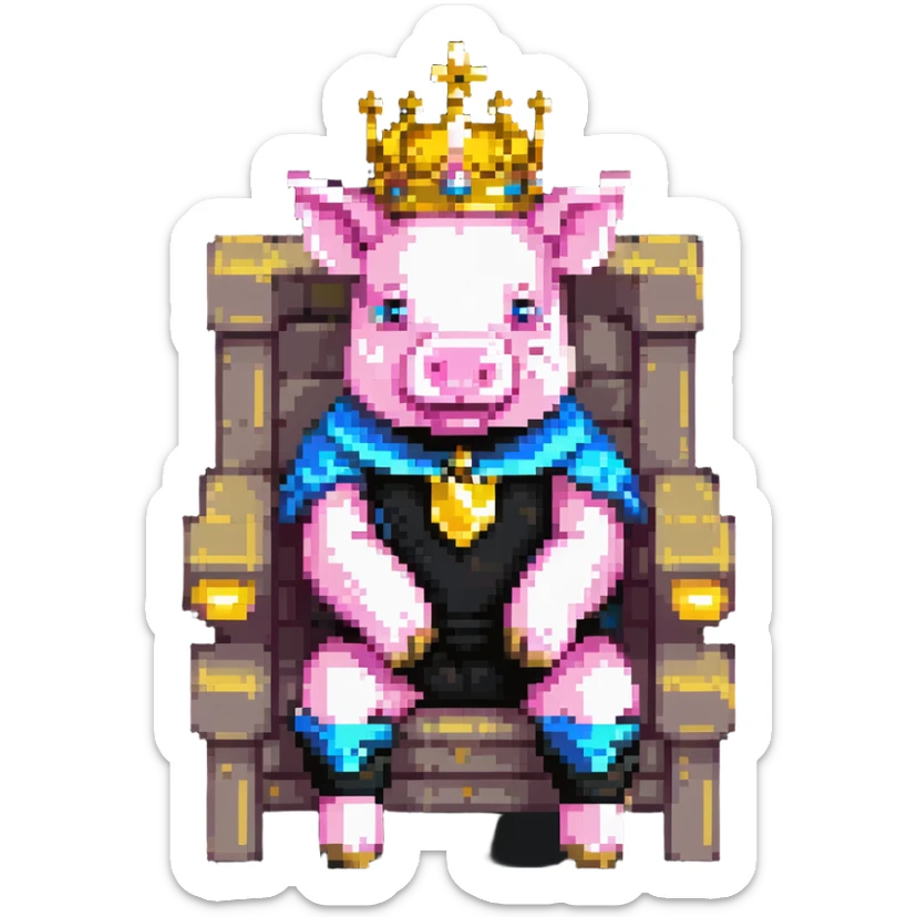 ultra-minimal pixel art pig with a golden crown sitting on a throne, blocky and square like Minecraft, inspired by Technoblade sticker
