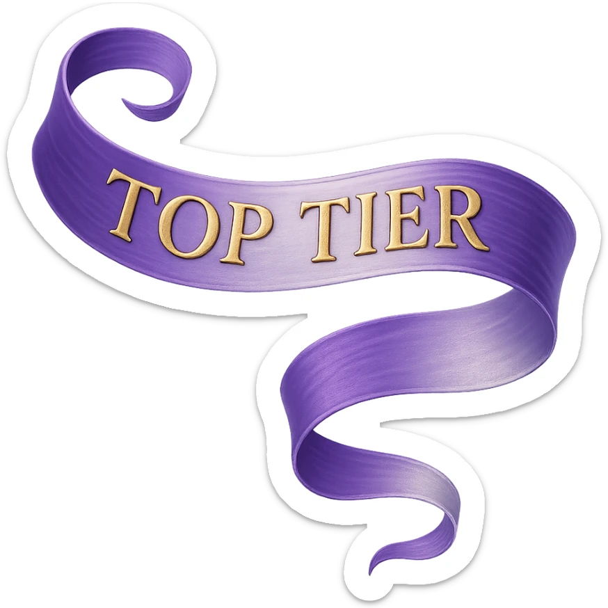 An elegant, flowing ribbon in a vibrant gradient of purple and silver, with the words 'TOP TIER' embossed in a sophisticated, slightly raised gold lettering, no background sticker