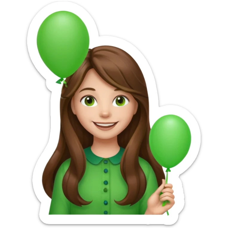 girl with long brown hair, holding green balloon sticker