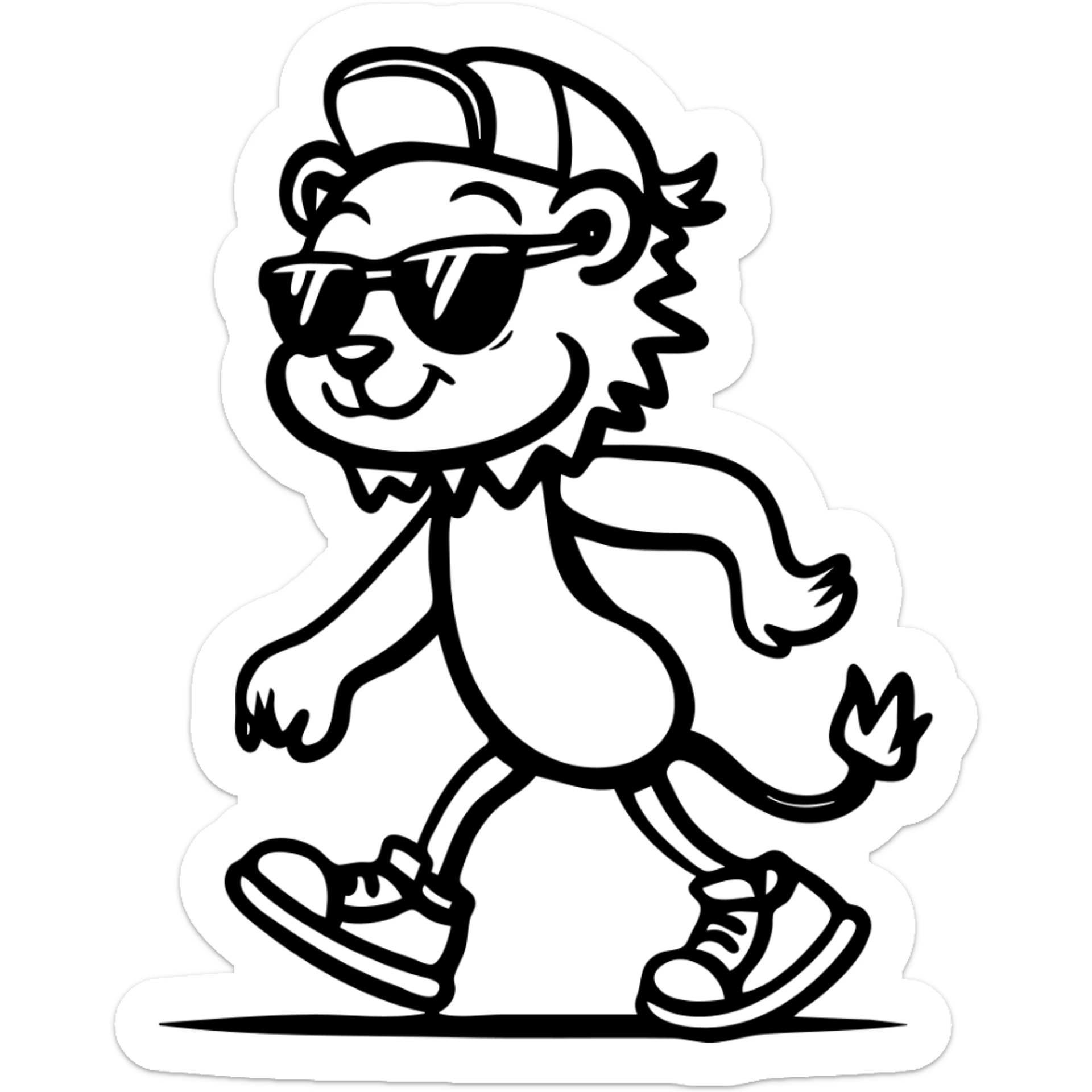 playful lion mascot in black-and-white, striding with confidence, sunglasses, backwards cap, sneakers, bold thick outlines, no internal color, vintage rubber hose animation style sticker