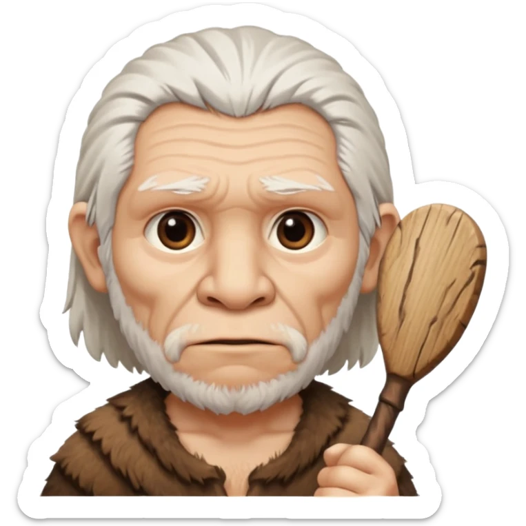 cute old Neanderthal with white hair, big eyes, and a club sticker