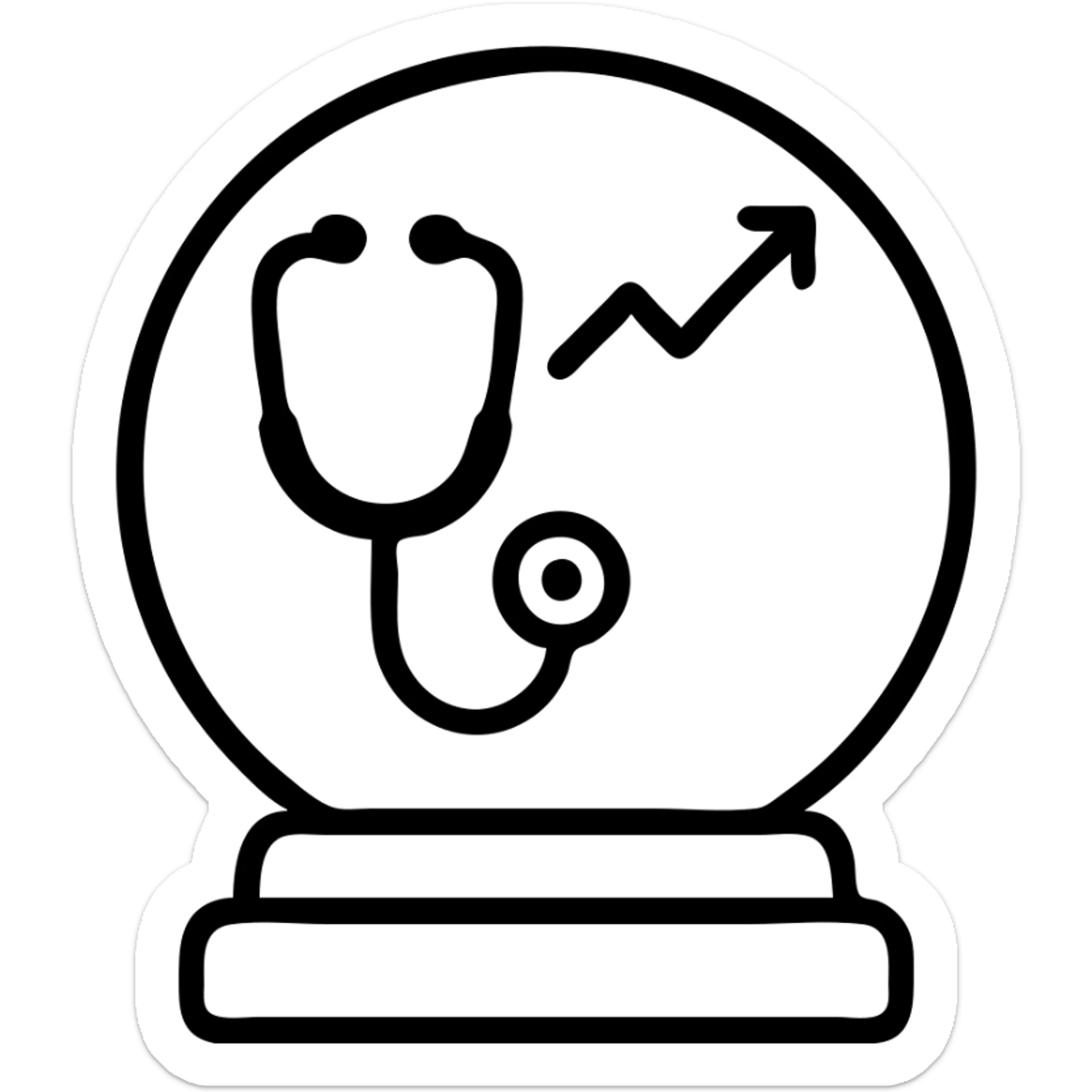 Add an upward slope or rising line graph inside the crystal ball to symbolize improvement and positive healthcare outcomes. Keep the icon style minimal, maintaining stethoscope and dollar sign, with blue and green color hints. sticker