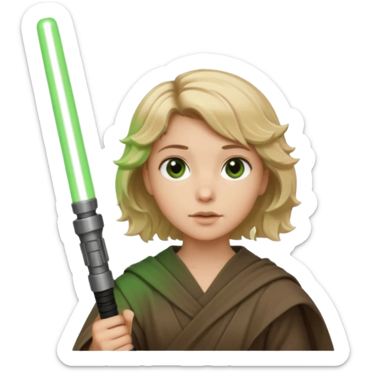 Young jedi with sandy blonde wavy short hair holding a green light saber, he has brown eyes sticker