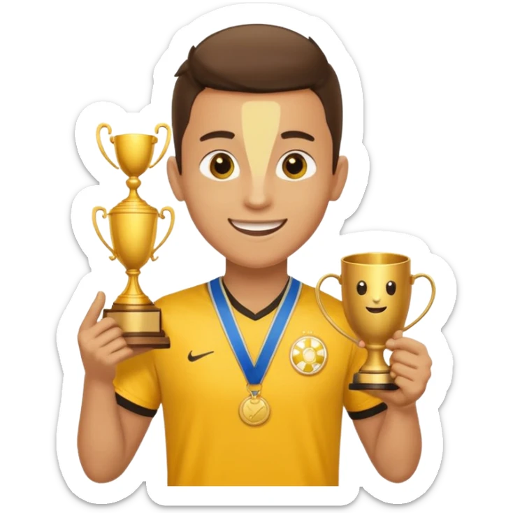 happy soccer player with a first-place medal and a trophy in yellow t-shirts sticker