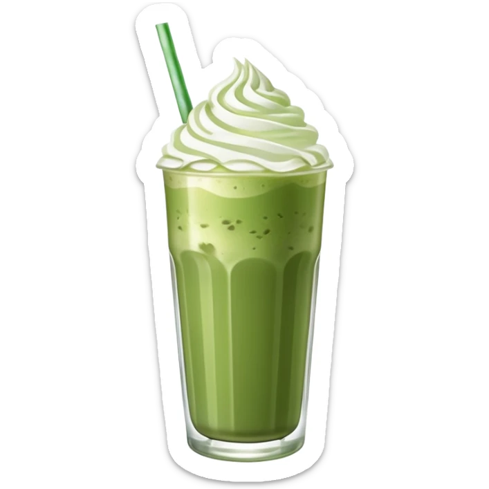 iced matcha latte in a tall clear glass with straw and whipped cream sticker