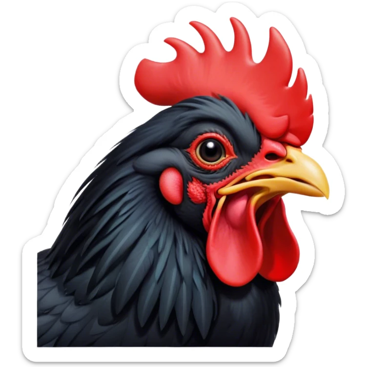 Cinematic Cute Yawning Black Rooster Portrait Emoji, Head tilted slightly with a dramatic, wide-open yawn, showcasing a soft, downy black plumage with a crisp red comb and drooping wings, round eyes barely open in drowsy contentment, Simplified yet irresistibly adorable features, highly detailed, glowing with a soft, cozy glow, high shine, relaxed yet expressive, stylized with a touch of whimsy, bright and endearing, soft glowing outline, capturing the essence of a sleepy yet affectionate rooster, so drowsy it feels like it could stretch out of the screen and curl up for a nap! sticker