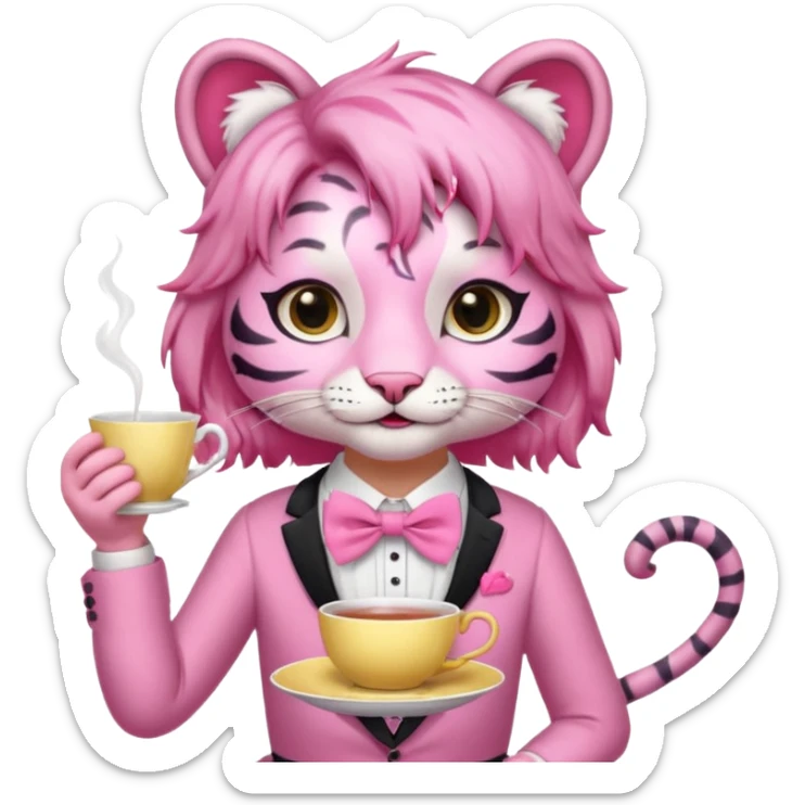 An pink tiger having an pink tea party with an girl sticker