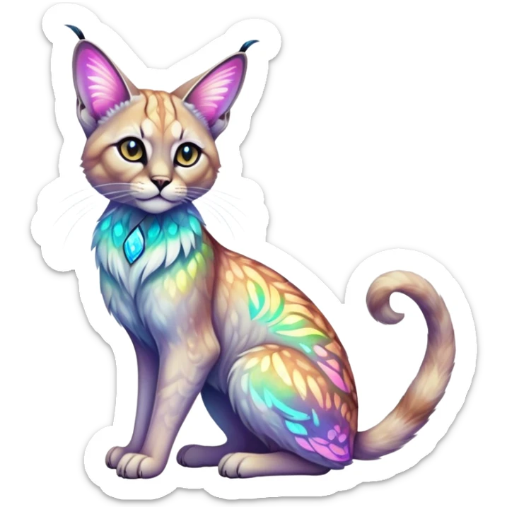 Colorful Neon exotic ethereal iridescent tropical shiny Fantasy-Siamese-Bobcat-Caracal-Moth-Scottish-Fold-feline-Fakémon-feline-hybrid (full body) sticker