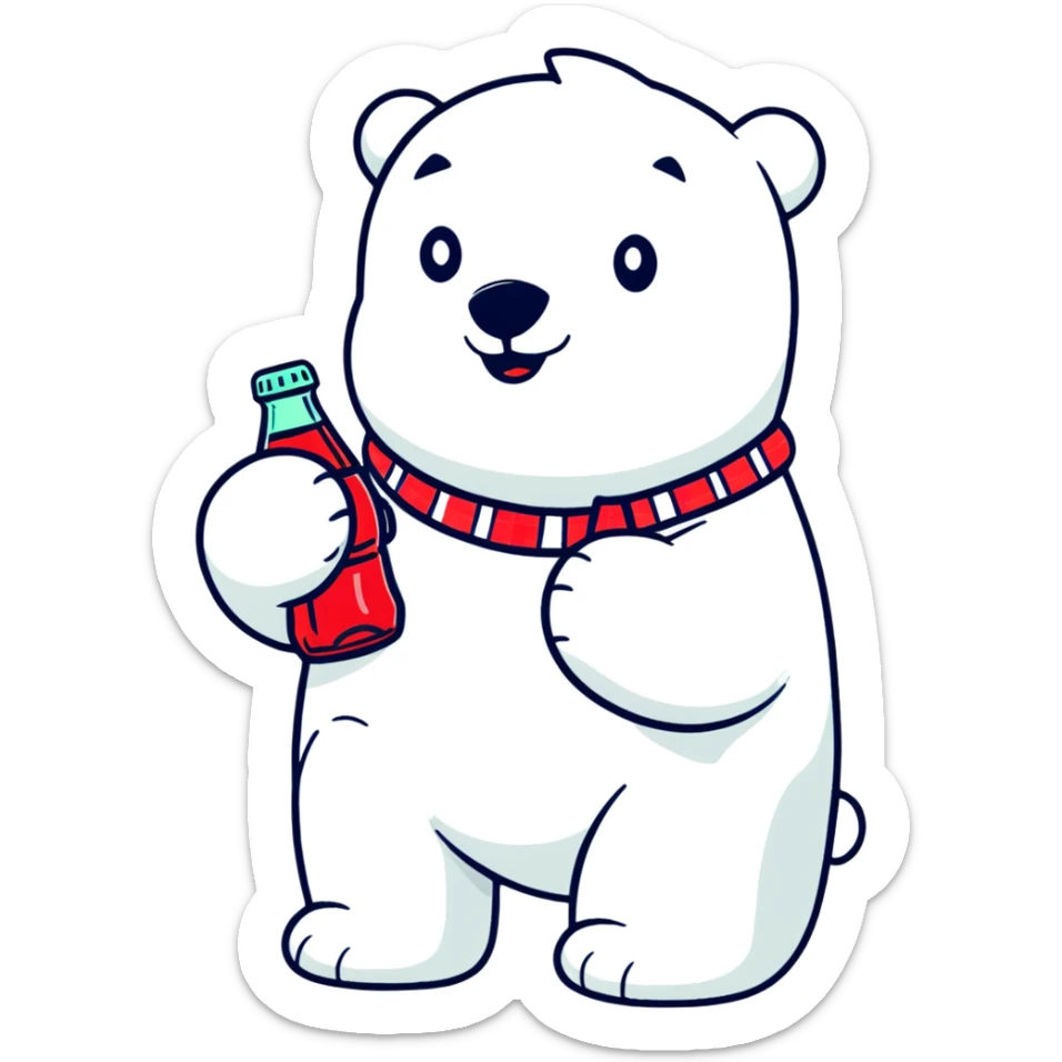 polar bear in a colorful Hawaiian shirt with Coke bottle pattern, sipping Coca-Cola sticker
