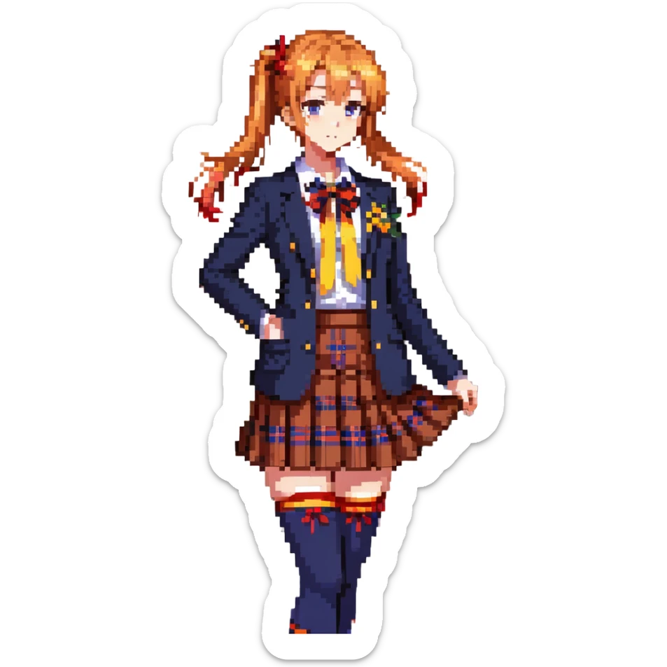 Honoka Kosaka from Love Live standing in Otonokizaka High School courtyard, orange side ponytail with yellow ribbon, blue eyes, navy blazer, red ribbon at collar, blue tartan skirt, black knee socks, brown loafers, cherry blossom petals floating, spring breeze, cheerful and determined expression sticker