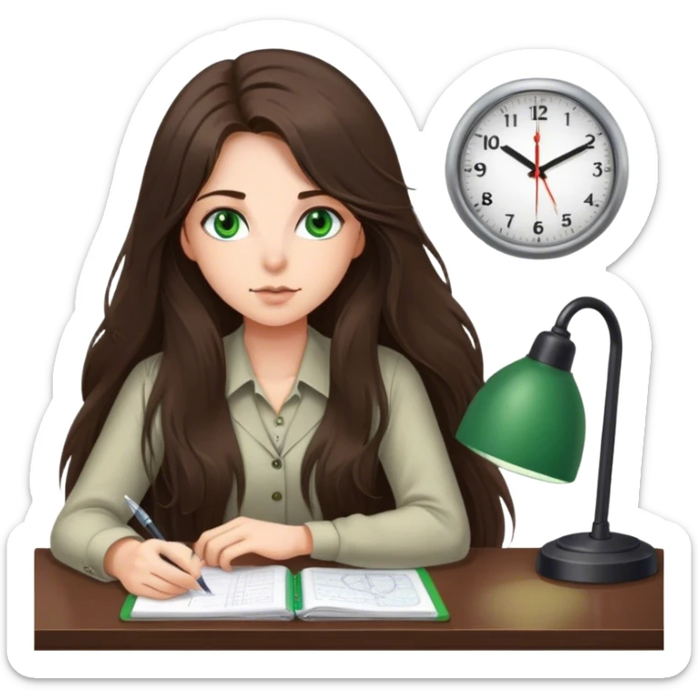 long haired brunette girl with green eyes working at a desk with wall clock at 6pm sticker