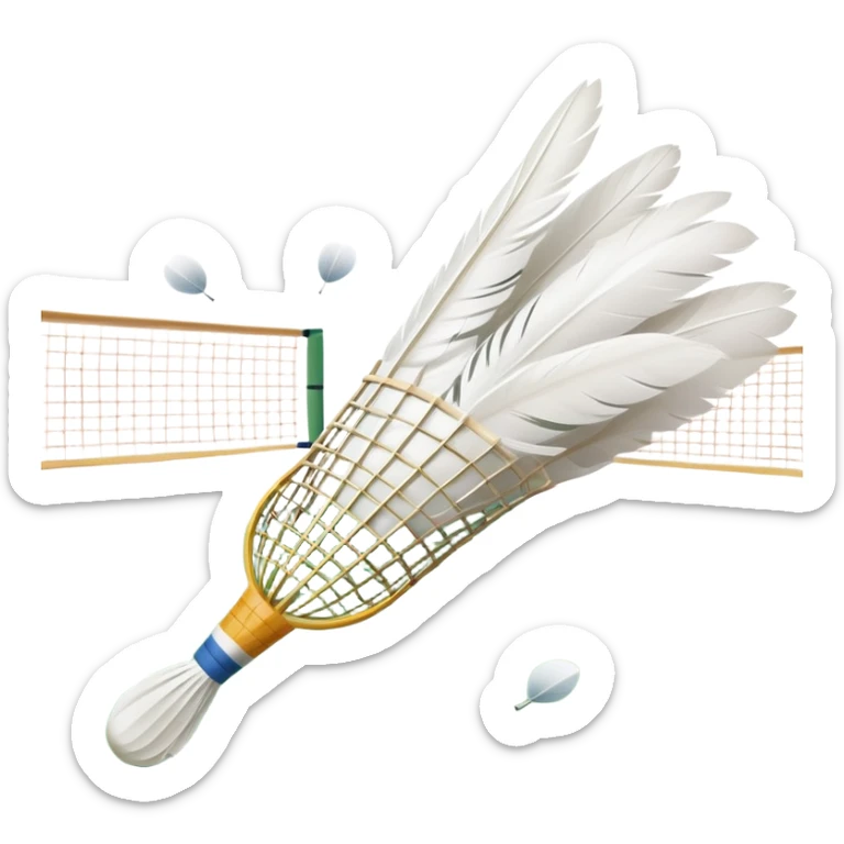 A shuttlecock mid-air above a badminton court, with its feathers spread wide and the background showing a faint outline of a net. The image emphasizes motion and lightness, symbolizing the speed and precision of the sport without players in sight sticker