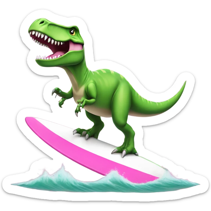 green t-rex dinosaur surfing on a pint and white surfboard with a pink tutu on sticker