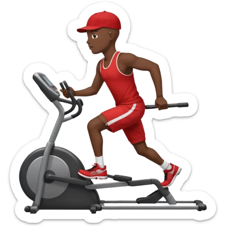 dark skin bald African American man on elliptical machine with red tank shirt and black shorts and backwards facing baseball hatcap sticker