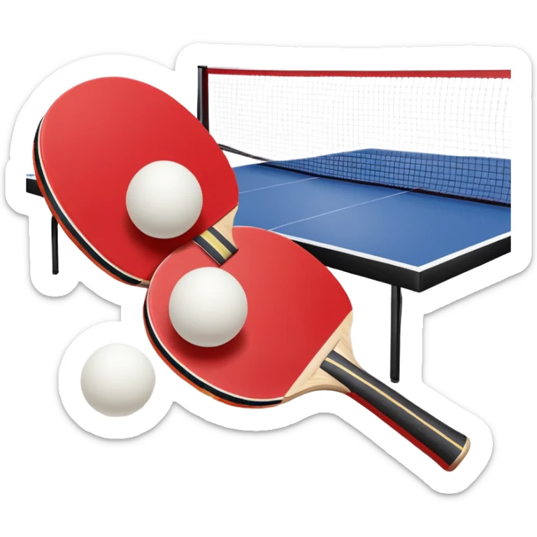 Two table tennis paddles and a ball placed on a ping pong table, with the net in the background. The scene conveys the simplicity and focus of the sport, with vibrant colors highlighting the rackets and ball on the smooth surface of the table. sticker