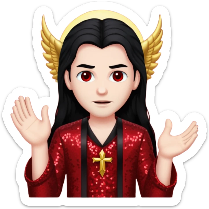 Lucifer from The Bible with long black hair, dark red sequin outfit sticker