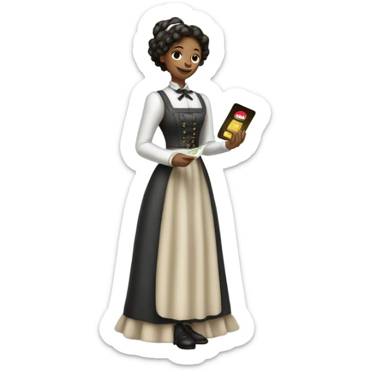 galora waitress Victorian dress elegant full body, holding big credit card sticker