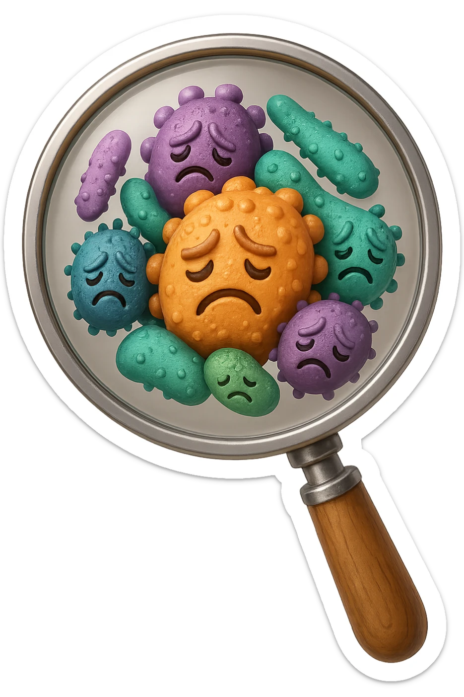 EMOJI STILE IPHONE DI una lente di ingrandimento che inquadra un cumulo di batteri intestinali tristi, IPERREALISTICO 4K sticker