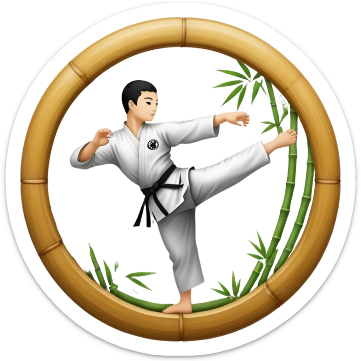 An icon symbolizing Eastern martial arts in the style of an emblem, with a black-and-white Yin-Yang symbol at the center. The design shows a martial artist performing a graceful kick, surrounded by bamboo and traditional elements. Transparent background emphasizes balance and harmony. sticker