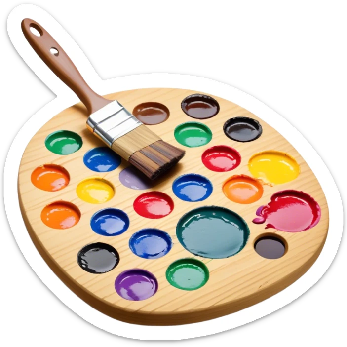 Cinematic Realistic image of a vibrant paint palette and brush, featuring a wooden palette smeared with an array of richly blended colors and a finely detailed brush with soft, delicate bristles, set against a softly textured background that evokes artistic inspiration sticker