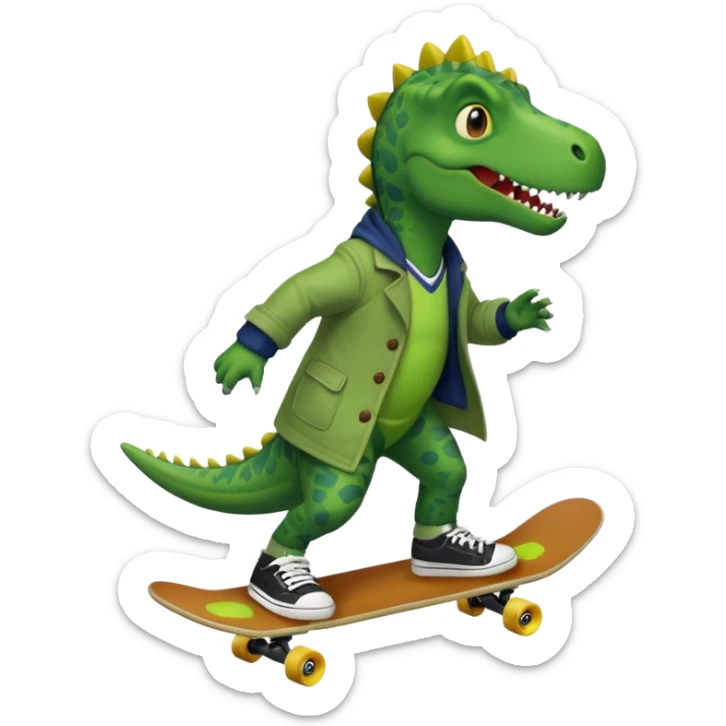 a dinosaur on a skateboard wearing a coat with sneakers in the bottom sticker