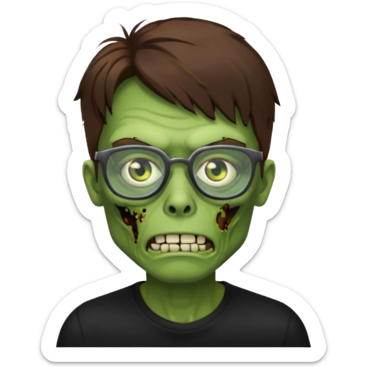 Green zombie, brown hair, black glasses, black shirt. iOS style. sticker