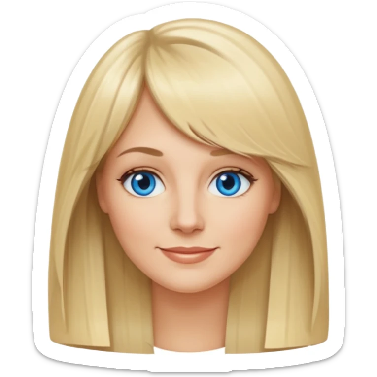 40 yr old white woman, curtain bangs, long straight blond hair, oval face, small smile, blue eyes sticker