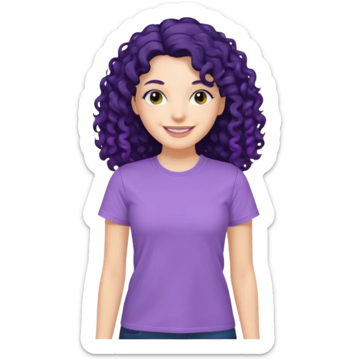 mujer blanca con cabello largo rizado negro sonriendo con camiseta lila sticker