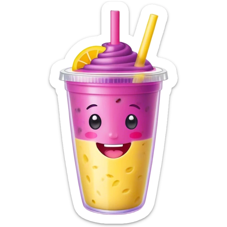 Cute Kawaii Smoothie Cup, filled with blended fruity goodness, a smiling face with excited eyes, bright colorful layers of pink, yellow, and purple, topped with a straw and tiny fruit slices! sticker