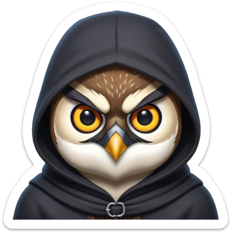 thief owl portrait, head and shoulders only, mysterious eyes, dark hood collar, silent night burglar vibe, 3D cartoon, mobile game icon style, clean background, no text, no watermark
 sticker