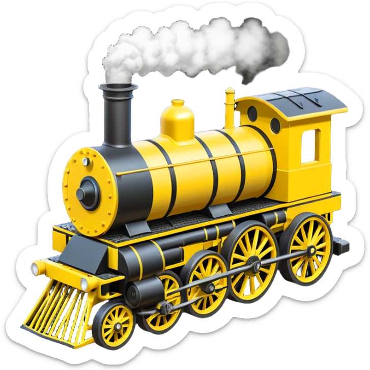 isometric Stephenson's Rocket steam locomotive, yellow and black, simplified details sticker