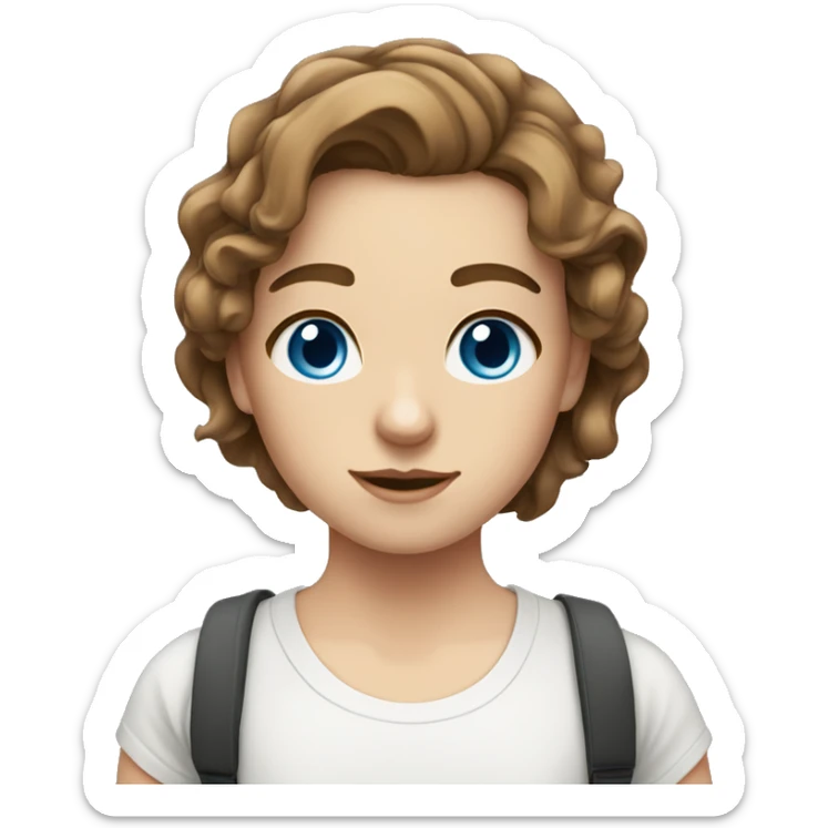 white girl, shoulder length wavy brown hair, blue eyes, white t shirt sticker