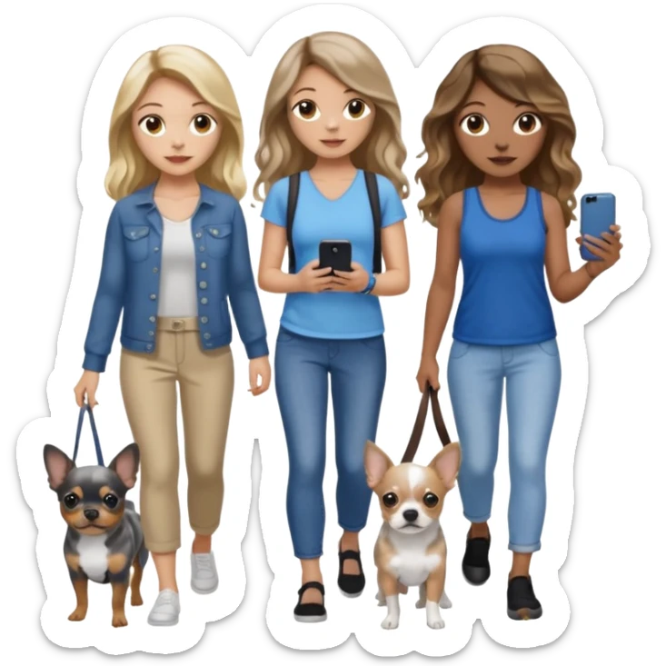 Three women in summer clothes holding iPhone, hazel eyed light skin with dark blonde long hair and light skin hazel eyed brown long wavy hair, blue eyed light skin long blonde hair walking 2 dogs,blue and gray spotted Merle Frenchie, black and tan chihuahua  sticker