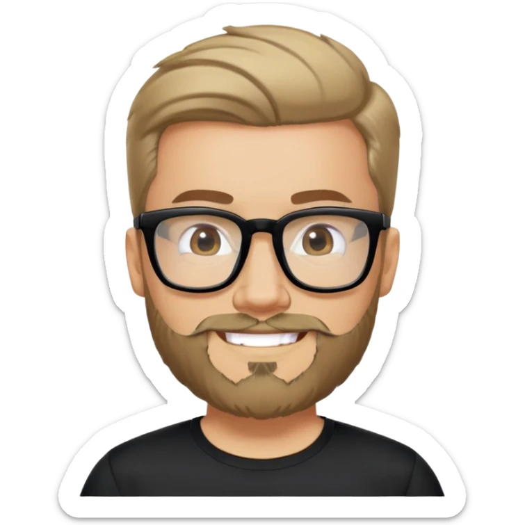 Man with light skin, full facial beard, short upswept hair, large black-framed glasses, smiling face, black sports fabric shirt sticker