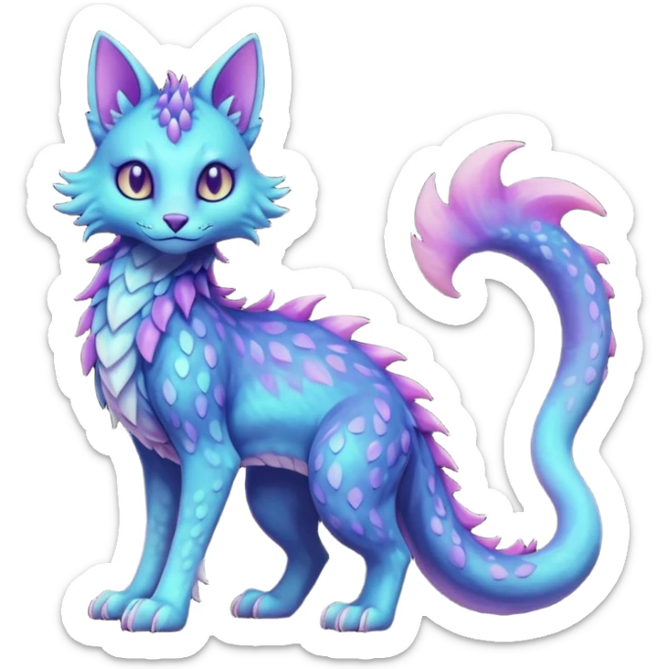 Kawaii dark gloomy pastel shiny soft smooth glossy scaley bio-luminescent abyssal colorful edgy fantasy ethereal feline-vernid-sergal-fursona animal creature with a tufted tail full body sticker