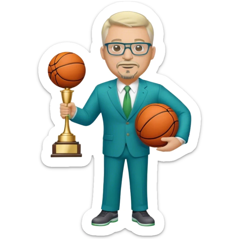 Full Body white middle aged male plus size wearing glasses with a goatee with light blonde and gray very short hair basketball head Coach in blue and green suit holding trophy sticker