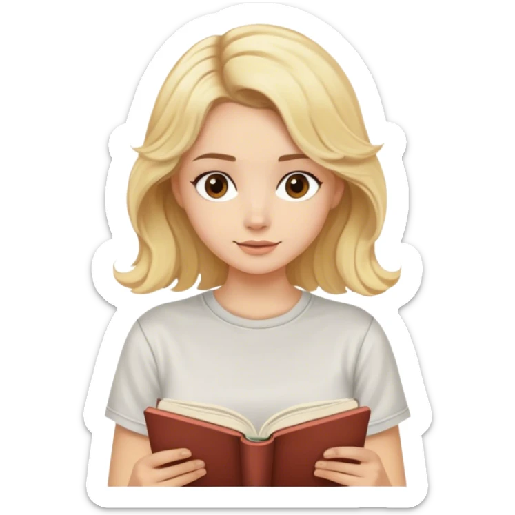 blonde model, brown eyes, medium length wavy hair, comfy t-shirt, reading a book sticker