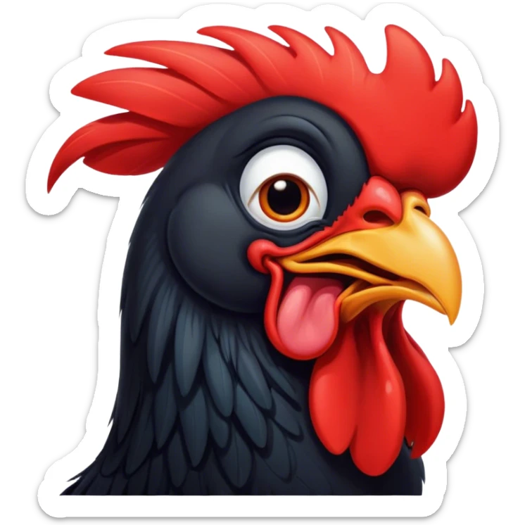 Cinematic Cute Yawning Black Rooster Portrait Emoji, Head tilted slightly with a dramatic, wide-open yawn, showcasing a soft, downy black plumage with a crisp red comb and drooping wings, round eyes barely open in drowsy contentment, Simplified yet irresistibly adorable features, highly detailed, glowing with a soft, cozy glow, high shine, relaxed yet expressive, stylized with a touch of whimsy, bright and endearing, soft glowing outline, capturing the essence of a sleepy yet affectionate rooster, so drowsy it feels like it could stretch out of the screen and curl up for a nap! sticker