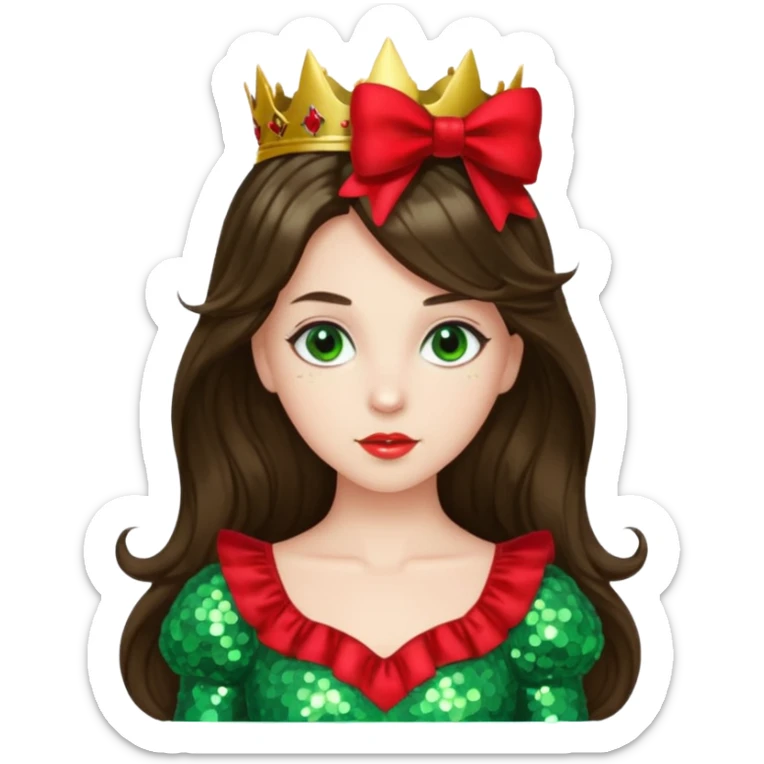 Princess Ozma from Oz with long brunette hair, light green sequin outfit, red bow sticker