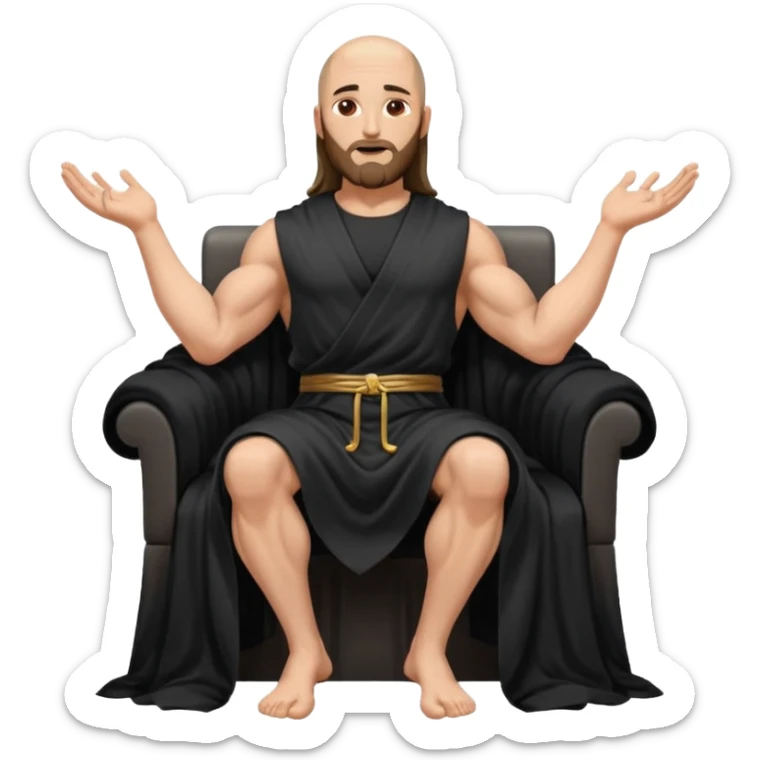 fullbody bald jesus christ jacked, sleeveless black robe sitting hands on armrests sticker